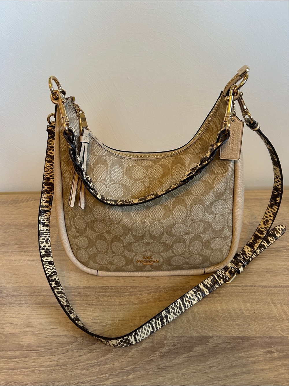 Coach Signature Canvas Hobo Bag in Khaki/Chalk with Animal-Print Strap